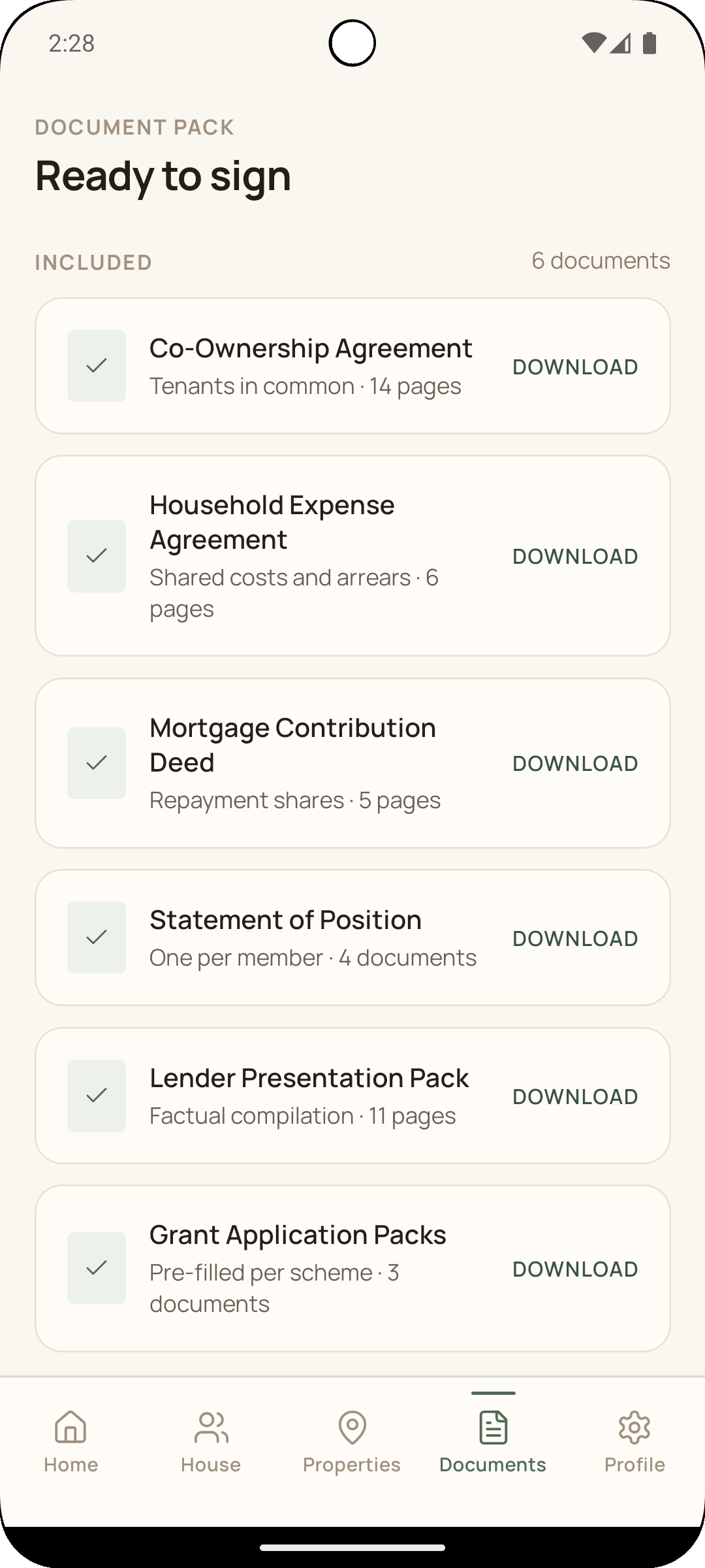 The Documents tab showing all six documents ready to sign and download