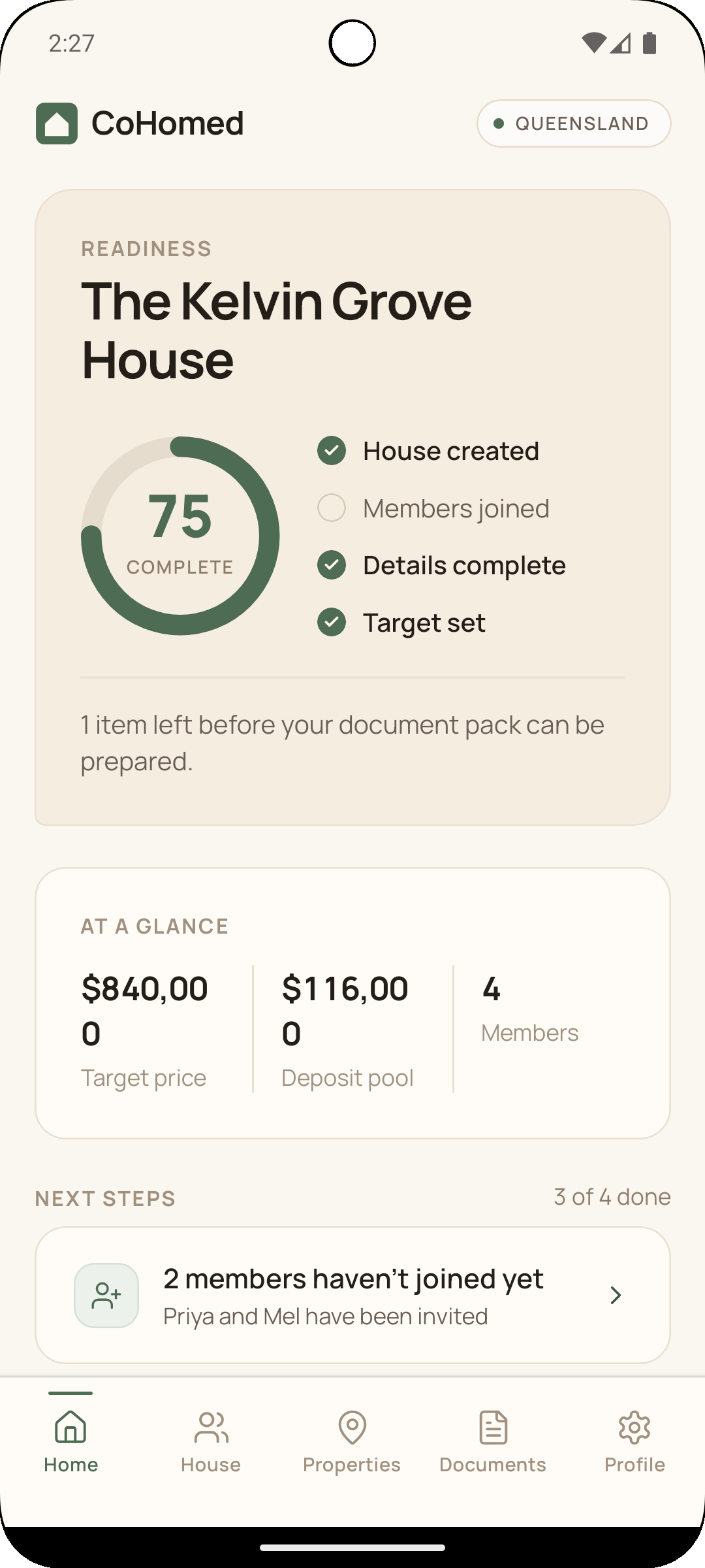 The CoHomed home screen showing The Kelvin Grove House at 75% readiness