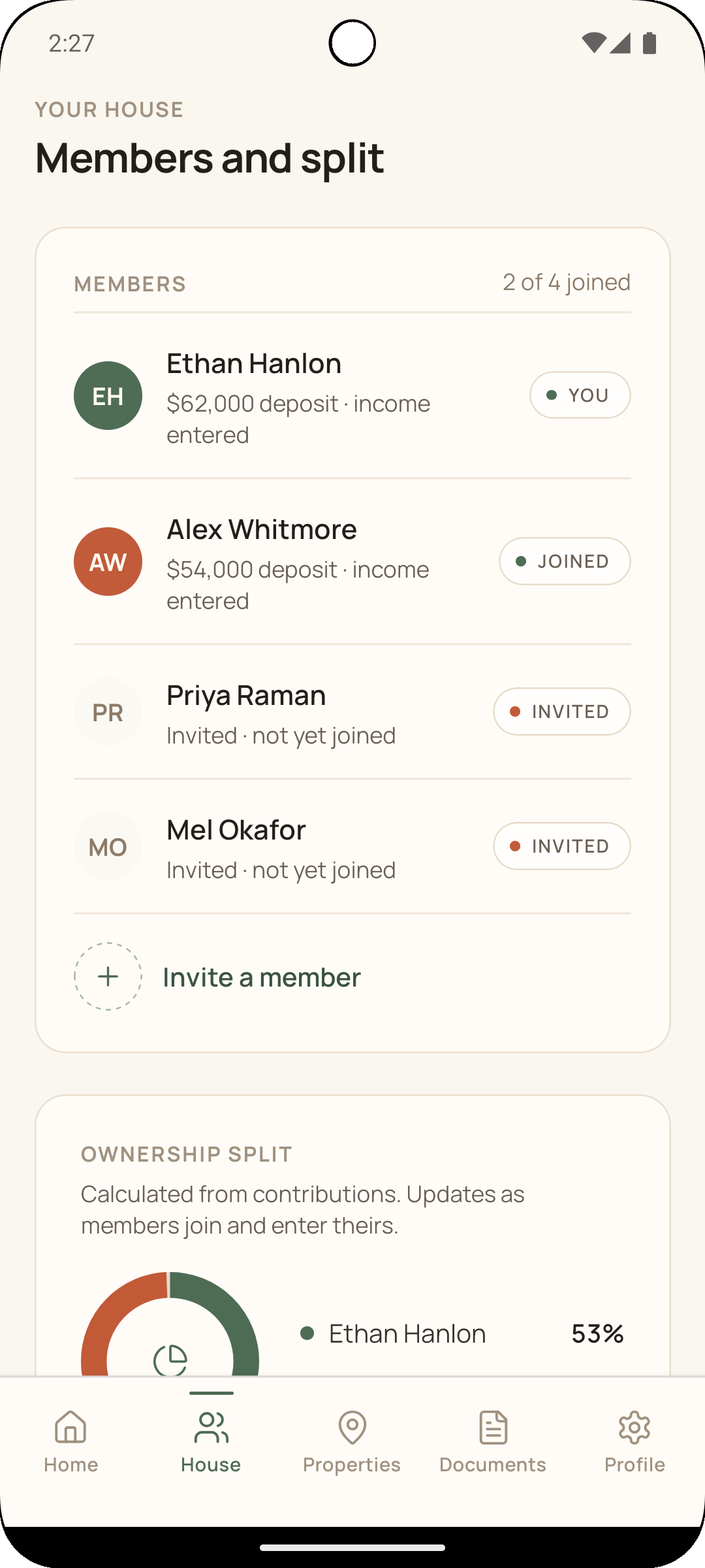 The House tab showing four members, two joined and two invited, with the ownership split below